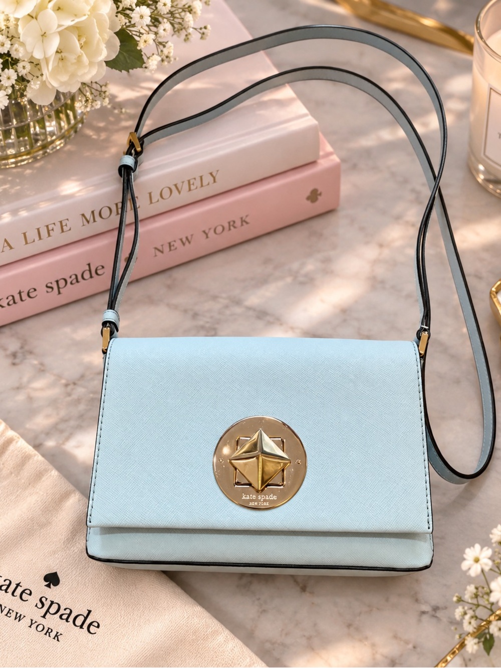 kate spade Baby Blue Crossbody Bag with Gold Emblem